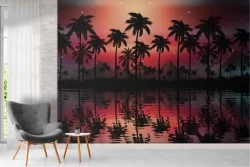 Tropical landscape wallpaper with palms and lake