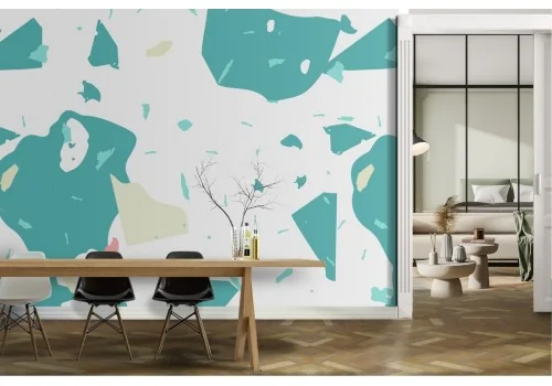 Wallpaper with white and turquoise marble surface.