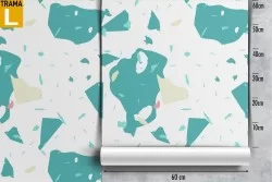 Wallpaper with white and turquoise marble surface.