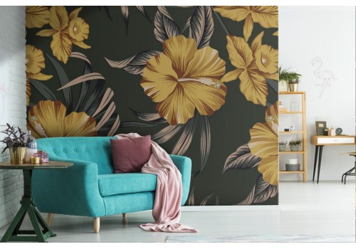 Refined yellow flowers vintage nature pattern wallpaper.