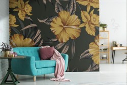 Refined yellow flowers vintage nature pattern wallpaper.