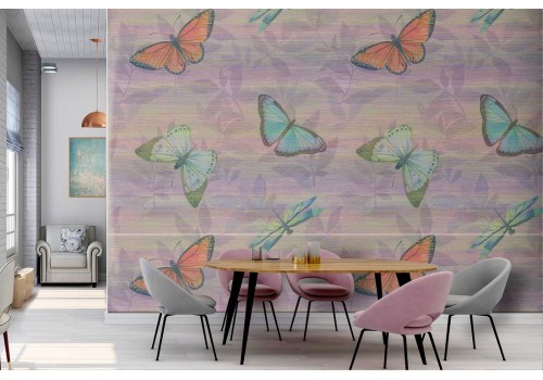 Wallpaper with leaves and butterflies nature pattern.