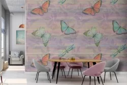 Wallpaper with leaves and butterflies nature pattern.