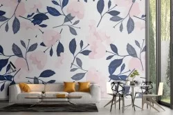 Carta da Parati foglie natura rosa e blu pattern.