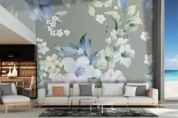 Carta da Parati fiori bianchi raffinati natura pattern vintage.