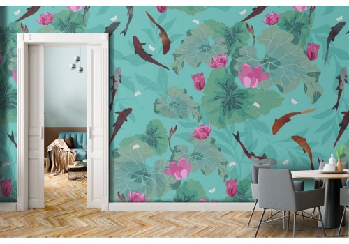 Pink flowers and little fish nature pattern wallpaper.