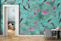 Pink flowers and little fish nature pattern wallpaper.