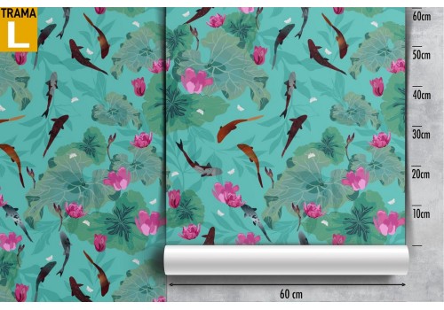 Carta da Parati fiori rosa e pesciolini natura pattern. 2