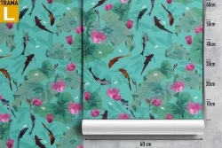 Pink flowers and little fish nature pattern wallpaper.