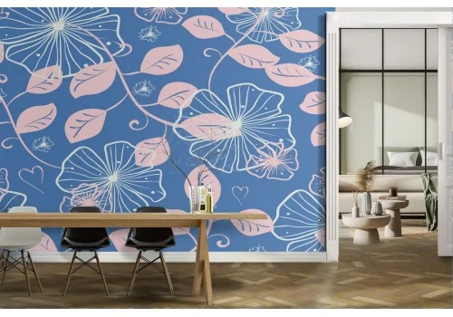 Carta da Parati foglie stilizzate azzurro e rosa natura.