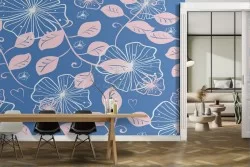 Wallpaper with stylized blue and pink leaves nature.