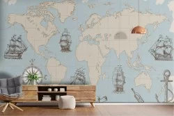 Carta da Parati mappamondo continenti e navi