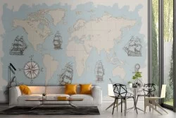Carta da Parati mappamondo continenti e navi