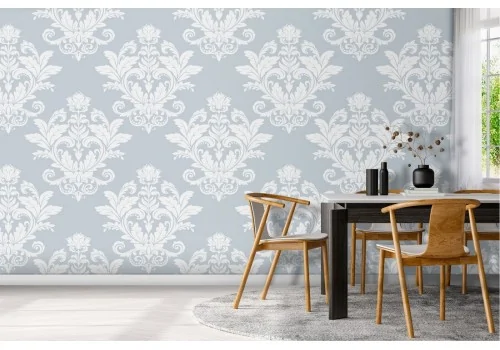 Vintage damask wallpaper in white and blue.