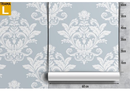 Vintage damask wallpaper in white and blue. 2