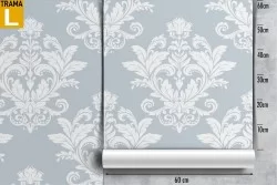 Vintage damask wallpaper in white and blue.