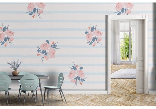 Pink flowers and refined stripes wallpaper, vintage pattern.