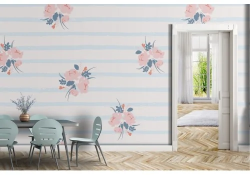 Pink flowers and refined stripes vintage pattern wallpaper.