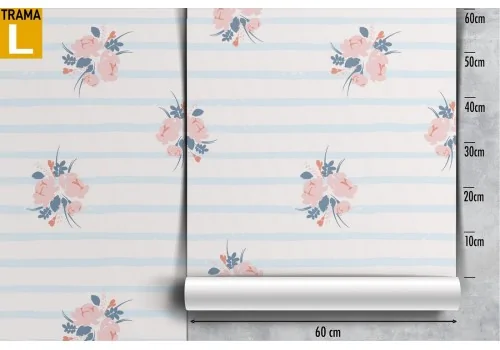 Pink flowers and refined stripes wallpaper, vintage pattern. 2