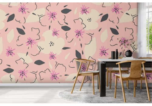 White and pink flowers wallpaper with stylized design.