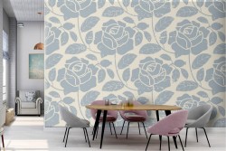 Carta da Parati rose stilizzate azzurro natura pattern.