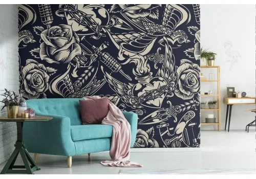 Carta da Parati tatuaggi rose e cuori decorazione moderna punk.