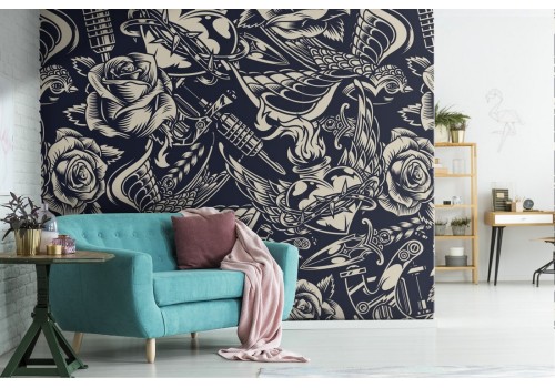 Wallpaper tattoos roses and hearts modern punk decoration.