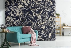 Wallpaper tattoos roses and hearts modern punk decoration.