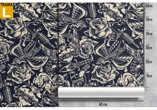 Carta da Parati tatuaggi rose e cuori decorazione moderna punk. 2