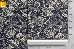 Carta da Parati tatuaggi rose e cuori decorazione moderna punk.