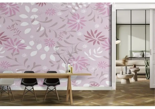 Carta da Parati foglie rosa stilizzate pattern moderno.