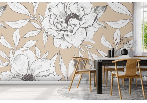 Wallpaper with stylized flowers and vintage nature leaves.