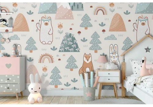 Wallpaper with stylized bear animals for children.