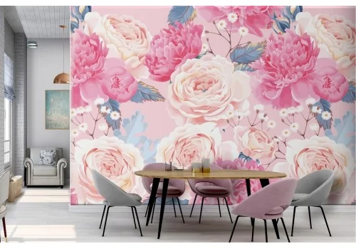 Pink and white flowers wallpaper nature design.