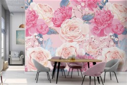 Carta da Parati fiori rosa e bianchi design natura.