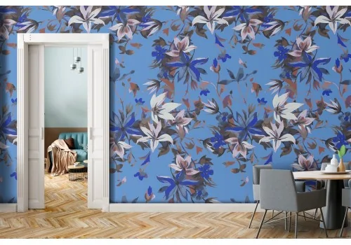 Blue background white flowers nature pattern wallpaper.