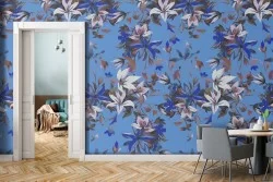 Carta da Parati fiori bianchi fondo blu natura pattern.