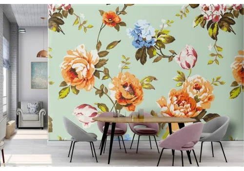 Vintage orange and white floral wallpaper.