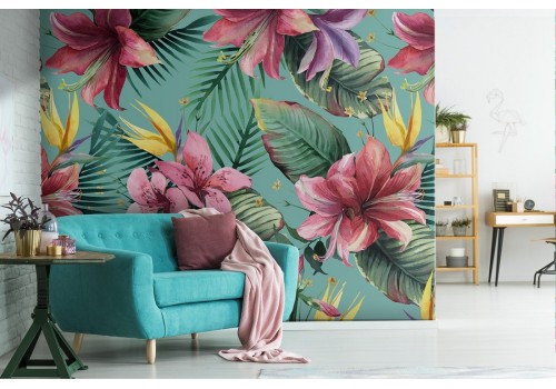 Pink flower wallpaper and modern nature tropical leaves.