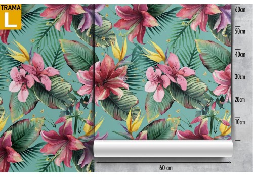 Pink flower wallpaper and modern nature tropical leaves. 2