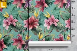 Pink flower wallpaper and modern nature tropical leaves.