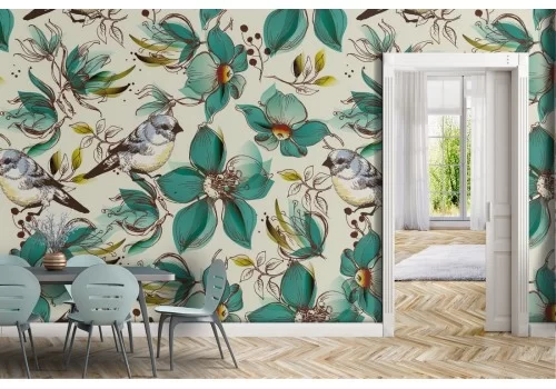 Carta da Parati fiori verdi vintage natura.