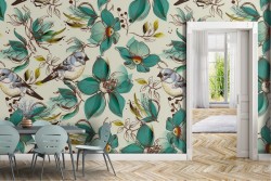 Carta da Parati fiori verdi vintage natura.