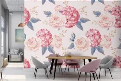 Vintage wallpaper with antique pink flowers nature pattern.