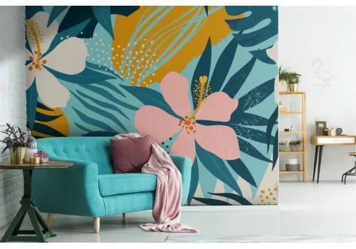 Carta da Parati fiori e foglie tropicali natura stilizzata.