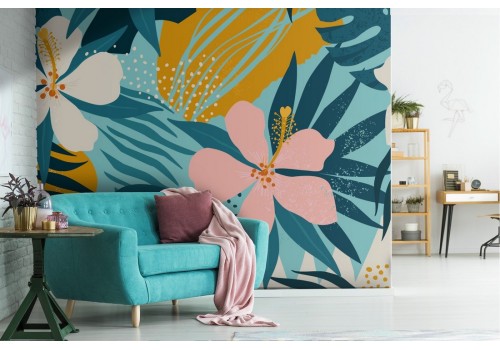 Wallpaper with stylized tropical flowers and leaves.