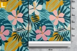 Wallpaper with stylized tropical flowers and leaves.