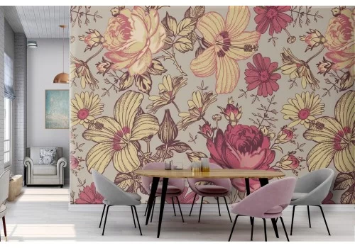 Carta da Parati rose rosse e rosa antico pattern vintage.