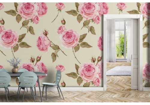 Vintage nature wallpaper with large pink flowers.