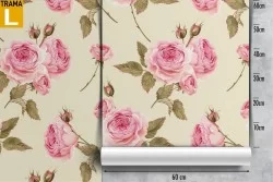 Vintage nature wallpaper with large pink flowers.